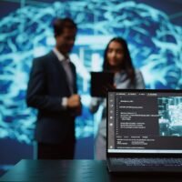 Focus on laptop in workspace used by AI researchers working with artificial intelligence in blurry background. Close up of notebook used by employees developing AI systems in tech startup, camera B